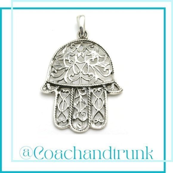925 Sterling Chain & Pendant Hamsa Evil Eye Handcrafted Filigree Metalwork - Picture 1 of 9